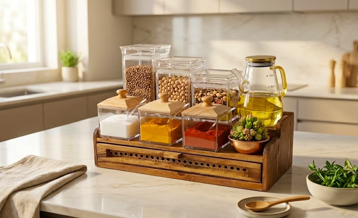 استند چوبی دو طبقه برای چیدمان آشپزخانه